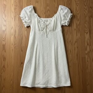 Aeropostale White Babydoll Eyelet Puff Sleeve Square Tie Front Mini Dress Women